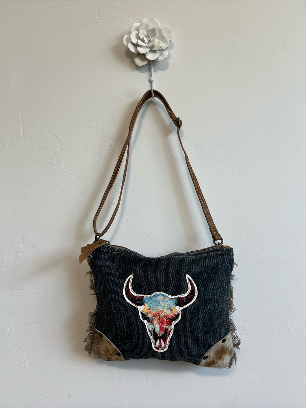Denim Crossbody Bag with Colorful Bull Skull Patch